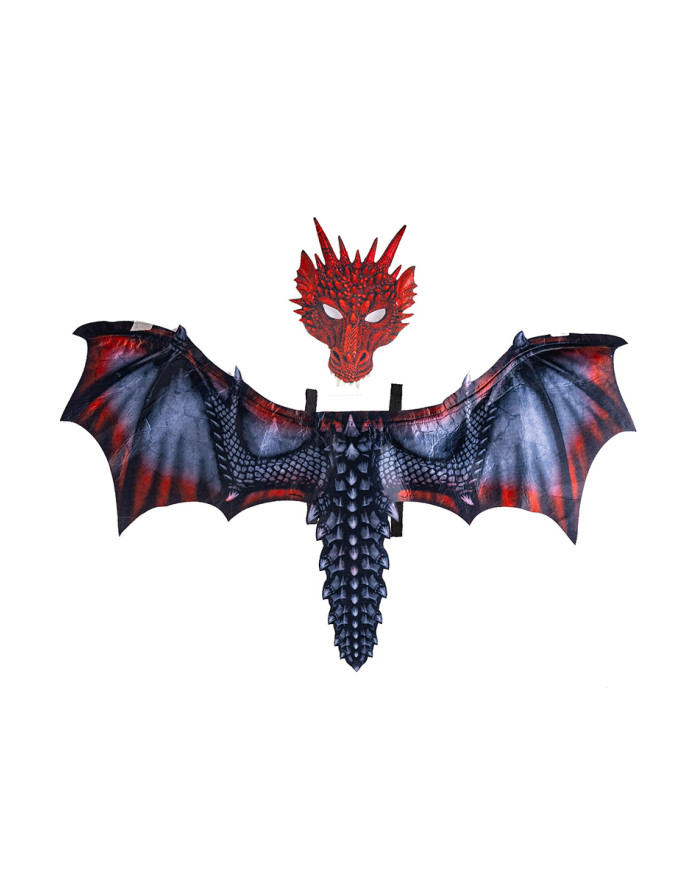 Boy red dragon set in fabric (wings h.cm.96x60 and mask) in pbh