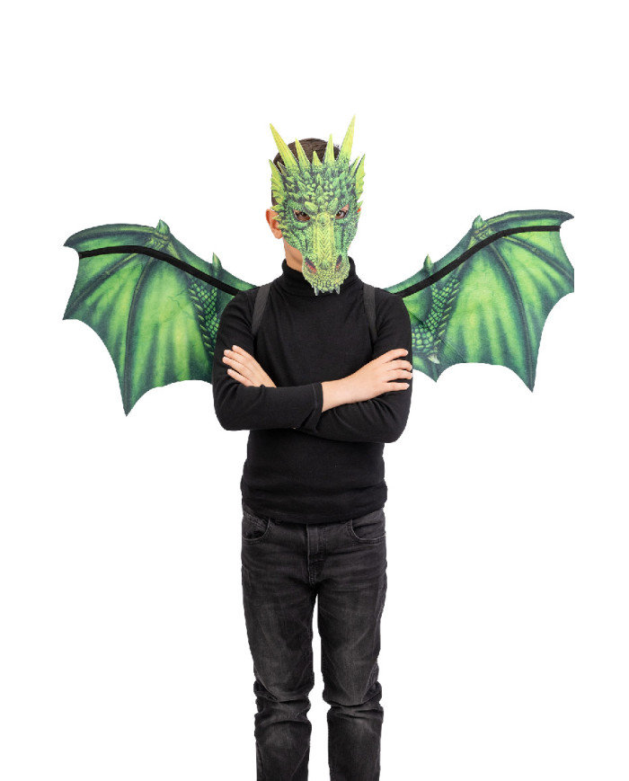 Boy green dragon set in fabric (wings h.cm.96x60 and mask) in pbh