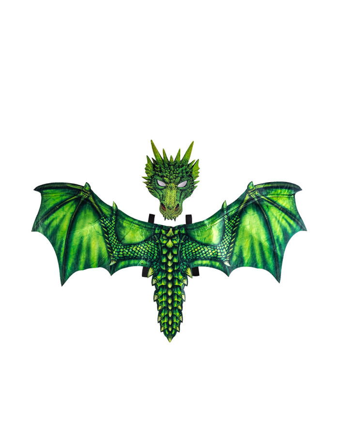 Grünes Drachen-Set für Kinder aus Stoff (Flügel ca. 96 cm hoch x 60 cm und Maske) in Beutel mit Aufhänger