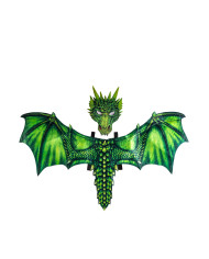Ensemble déguisement dragon vert pour enfant, en tissu (ailes h. 96x60 cm env. et masque), dans un sachet avec étique...