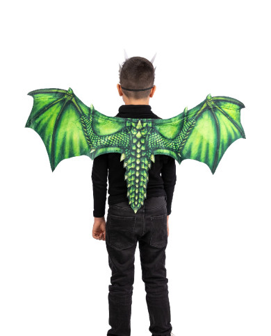 Ensemble déguisement dragon vert pour enfant, en tissu (ailes h. 96x60 cm env. et masque), dans un sachet avec étique...