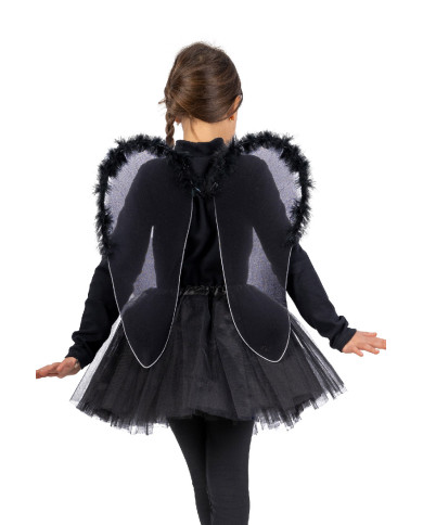 Ensemble déguisement ange noir pour fille (jupe et ailes h. 46x40 cm env.), dans un sachet avec étiquette ferme-sachet
