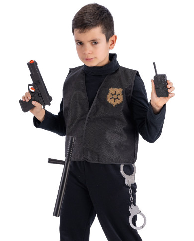 Ensemble déguisement swat (veste, pistolet, talkie-walkie, matraque, menottes), dans un sachet avec étiquette ferme-sachet Ensemble déguisement swat (veste, pistolet, talkie-walkie, matraque, menottes), dans un sachet avec étiquette ferme-sachet