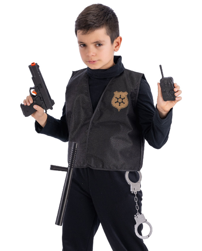 SWAT-Set (Jacke, Pistole, Transistor, Schlagstock, Handschellen) in Beutel mit Aufhänger