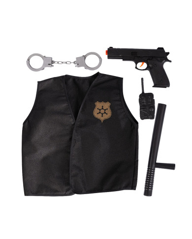 Ensemble déguisement swat (veste, pistolet, talkie-walkie, matraque, menottes), dans un sachet avec étiquette ferme-sachet Ensemble déguisement swat (veste, pistolet, talkie-walkie, matraque, menottes), dans un sachet avec étiquette ferme-sachet